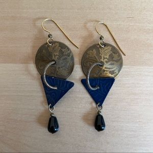 80’s Blue and Gold Dangly Earrings